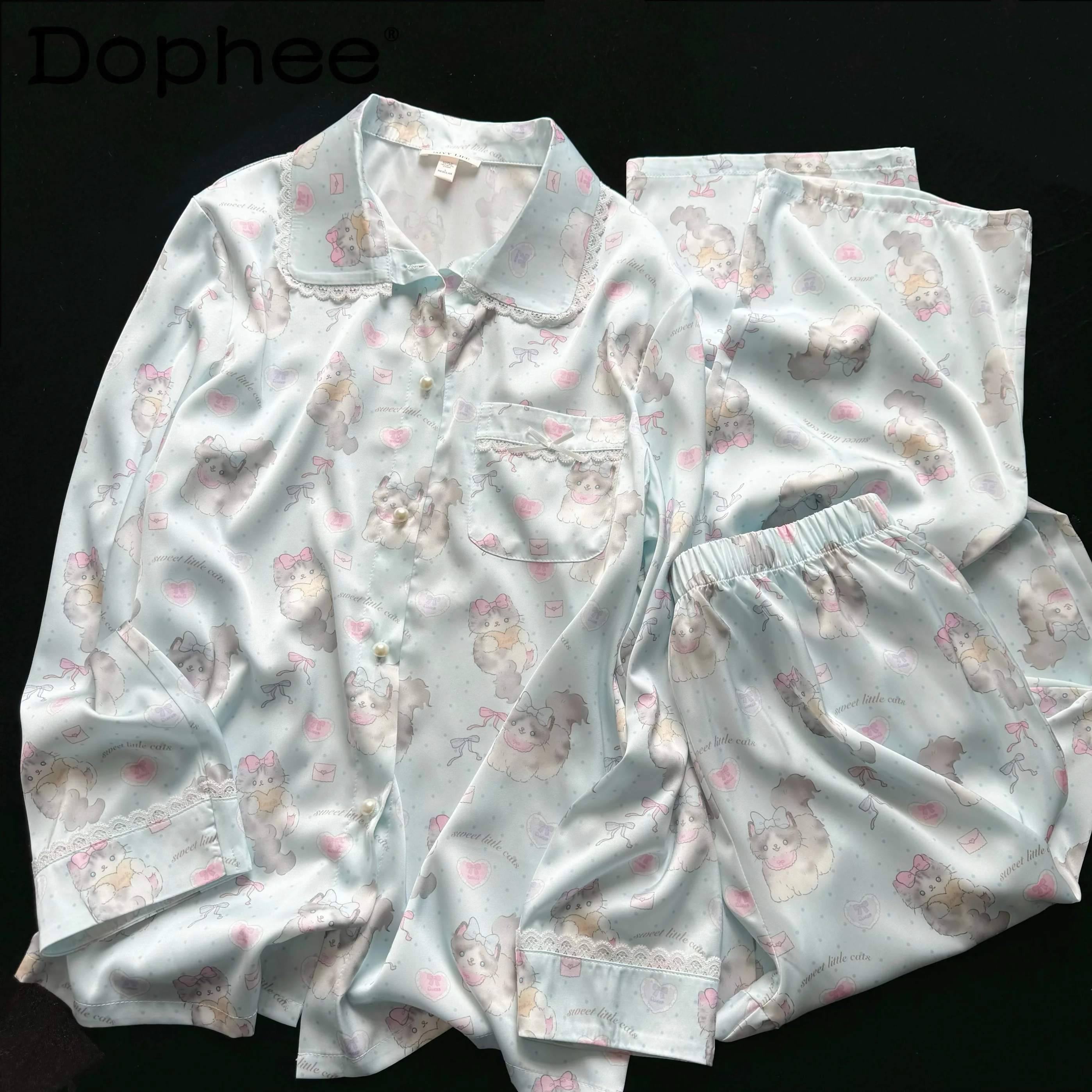 

Japanese Original Sweet Cute Ice Silk Long-sleeved Pajamas Women's Summer 2025 New Cool Comfortable Loose Casual Loungewear Set