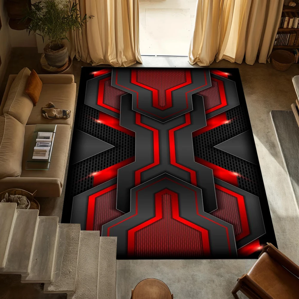 Cool Neon Hexagon Gamer Rug – Black & Red Non-Slip Washable Mat for Entryway, Hallway, Kitchen or Living Room