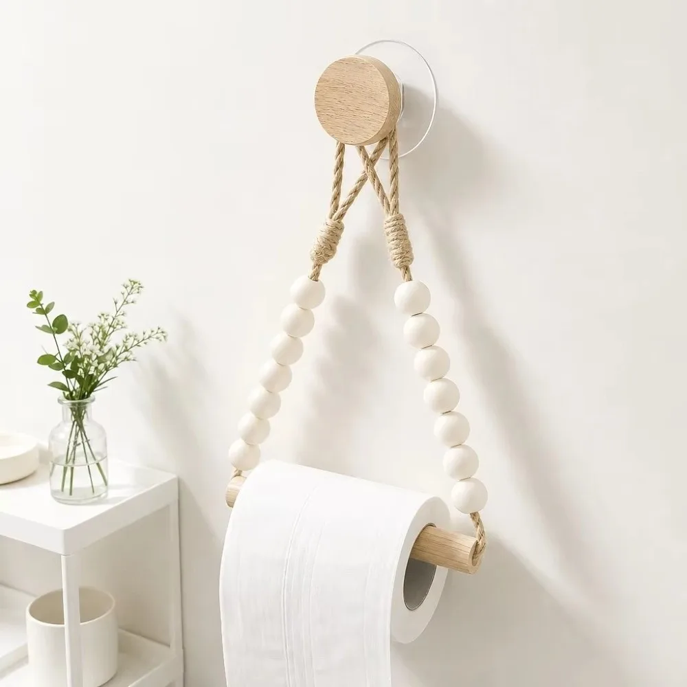 Punch-Free Toilet Paper Holder Adhesive Installation Wooden Balls Accent Wall-Mounted Toilet Paper Rack Rustic Style