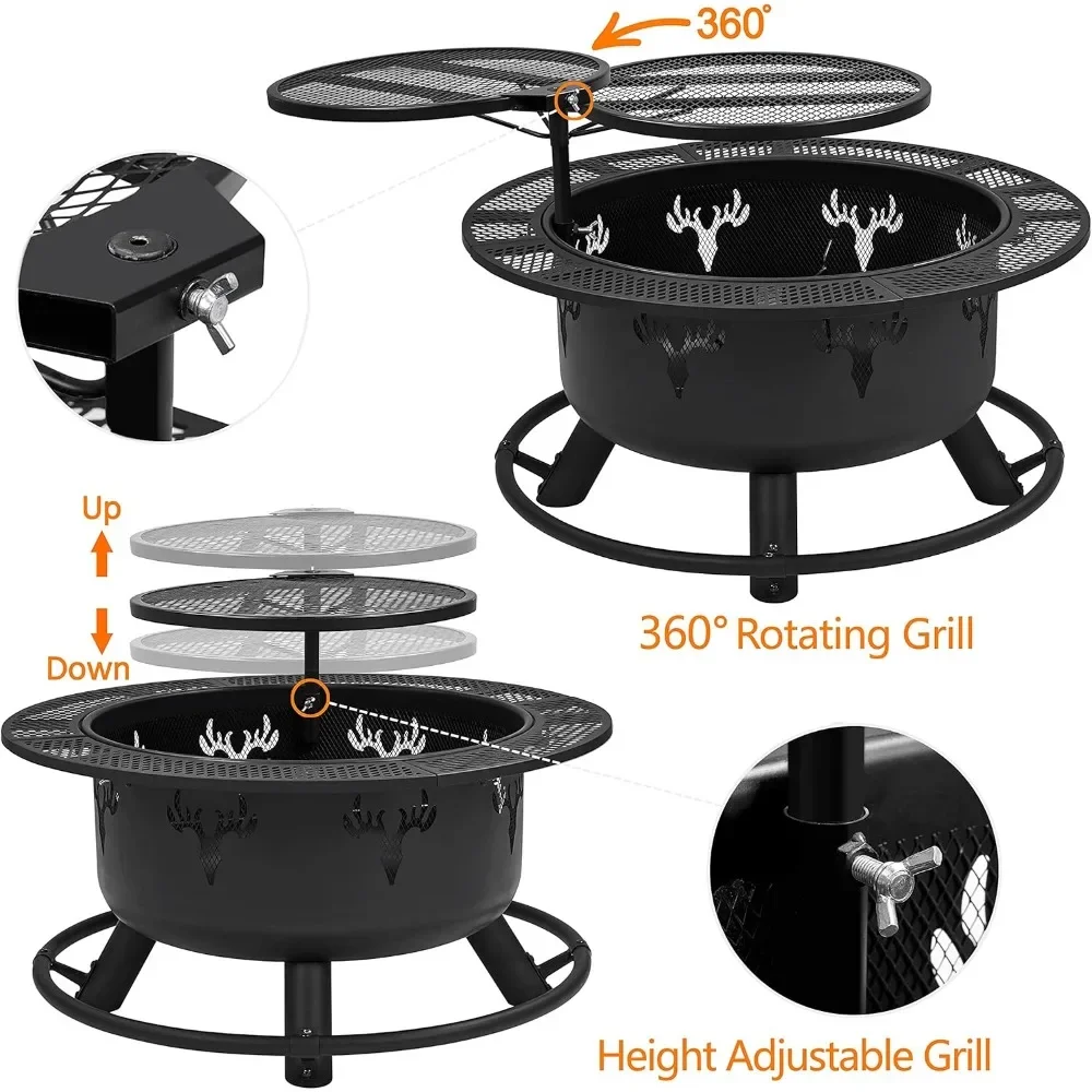 32in Fire Pit Outdoor Wood Burning Firepits Outdoor Fireplace with 18.5 Inch Swivel Cooking Grill Grate & Poker Fire B