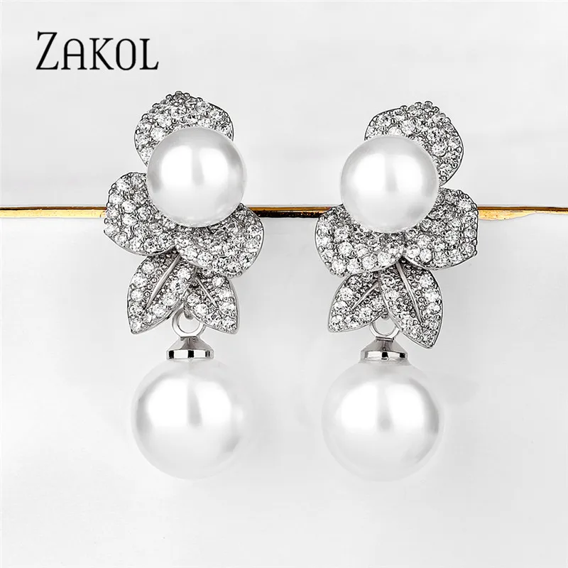 

ZAKOL New Temperament Shiny Micro-inlaid Cubic Zirconia Pearl Drop Earrings Luxury Leaf Engagement Party Jewelry for Women