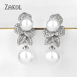 ZAKOL New Temperament Shiny Micro-inlaid Cubic Zirconia Pearl Drop Earrings Luxury Leaf Engagement Party Jewelry for Women