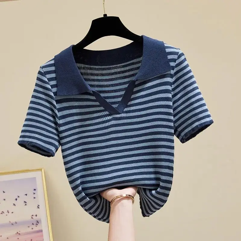 

Striped Classic Style Knitted Polo-Neck Short Sleeve Women's Blouse Shirt Korean Fashion Female Clothing Tops 2024 Summer