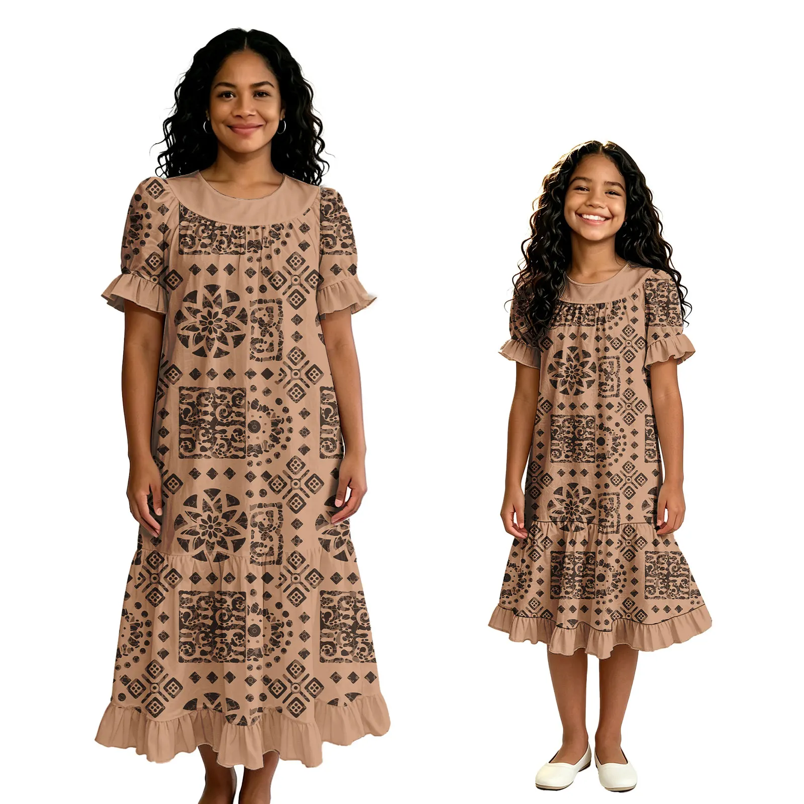Island Monstera Leaf Print Casual Design Ruffles Custom Beach Mother Daughter Outfits Girls Samoan Dress Women's Hawaiian Dress