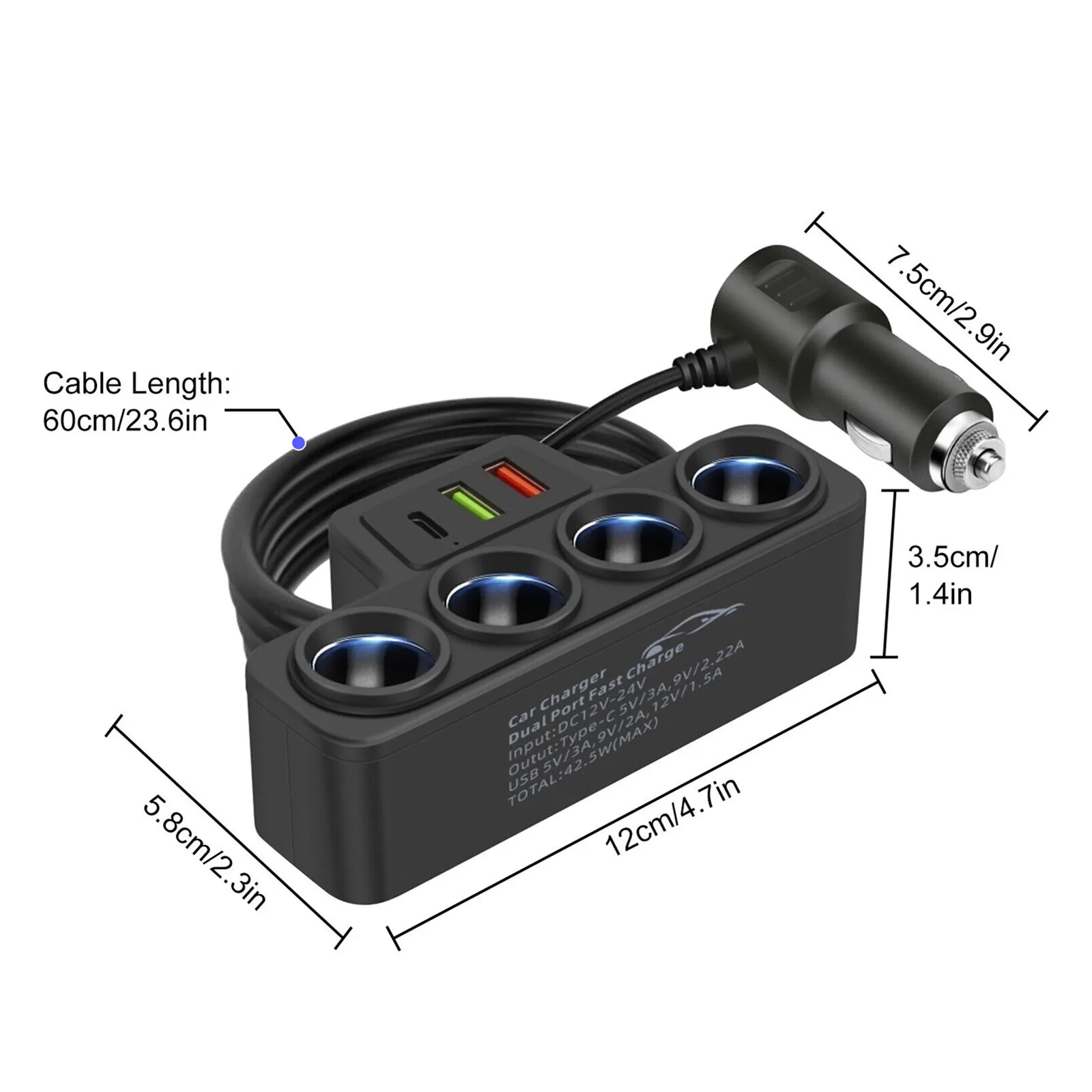 Cargador de Coche con 4 Tomas para Encendedor, 120W 12V, Cargador Rápido USB PD, Adaptador de Corriente, 1 a 4 Tomas Multifuncionales