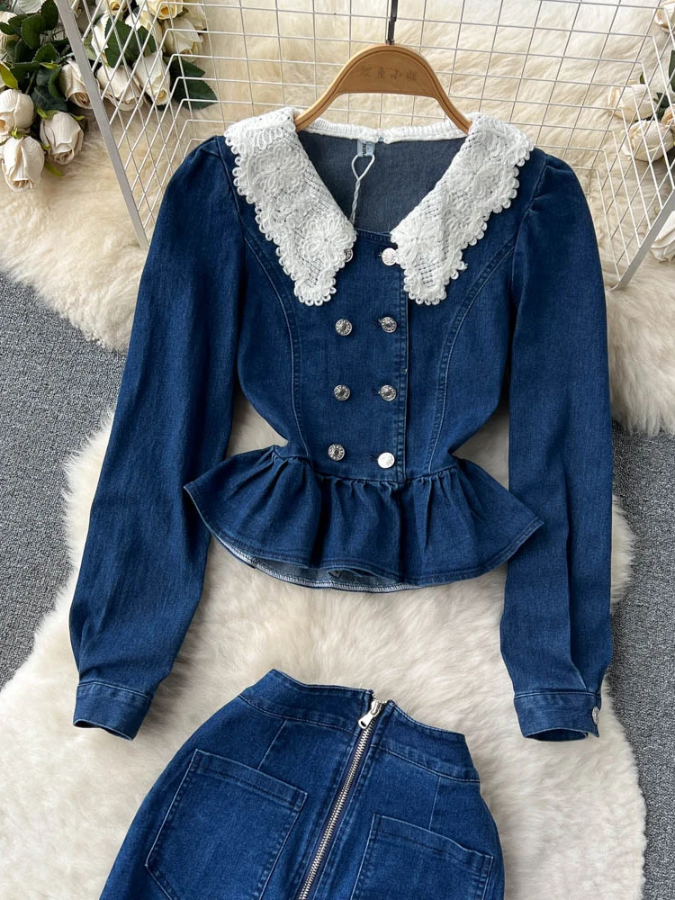 EWQ Sweet Casual Women Two-piece Set Solid Color Peter Pan Collar Lace Flower Denim Skirt Suit Spring Summer 2023 New SN0973