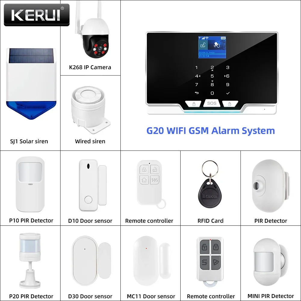 KERUI G20 WIFI GSM Alarm Panel mit Bewegungssensor, Türsensor, Tuya Smart Alarm Host für Home Security Smart Life APP Steuerung
