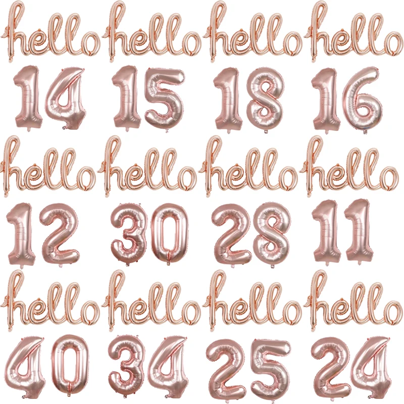 Rose Gold Hello Foil Balloons With 30 Inch Number Baloon Birthday 15 18 25 30 40 Years Old Birthday Party Decoration Air Globos