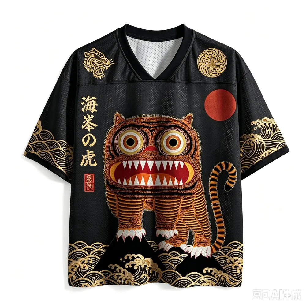 Retro Ukiyo-e Cartoon-Muster 3D-Druck Sport Schnelltrocknend Atmungsaktiv Herren V-Ausschnitt T-Shirt Outdoor Street Y2K Harajuku Casual Eltern-Kind – Detail 7