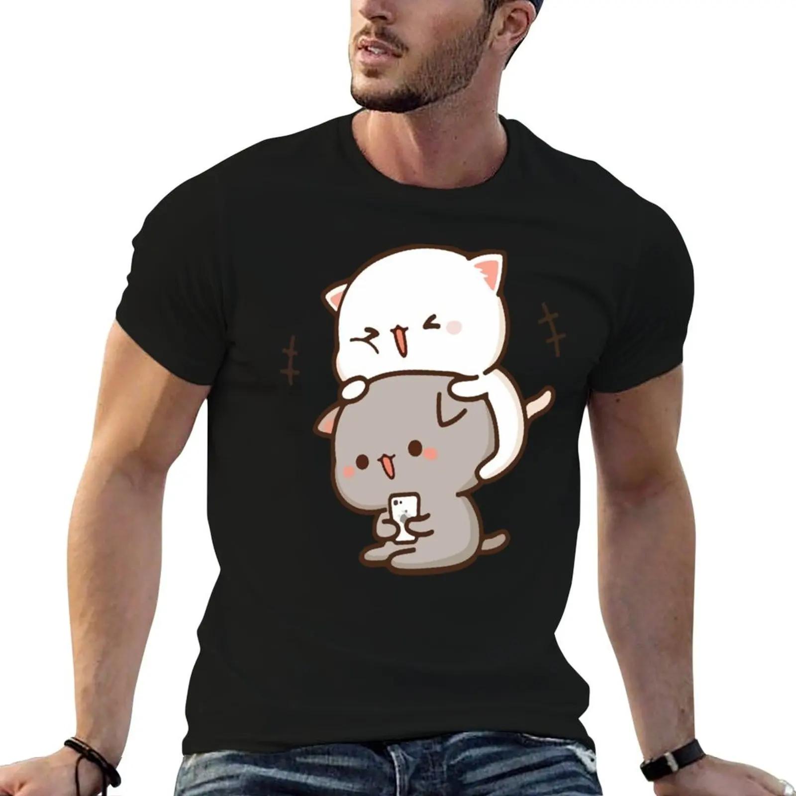 Camiseta larga Mochi Mochi Peach Cat, camiseta de algodón para hombre, camiseta de algodón 100% para hombre, camisetas de anime de marca de lujo, camiseta oversize