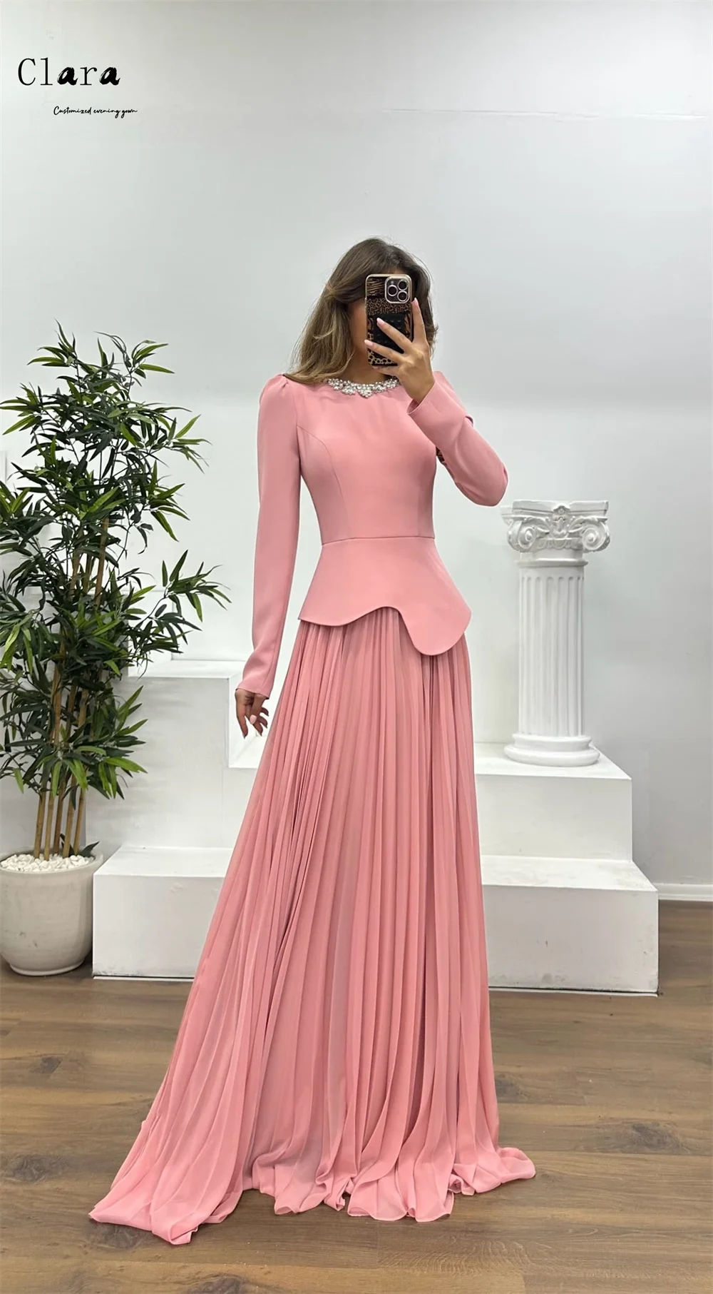 Sukienki Clara Custom, różowe, z długim rękawem, zdobione cyrkoniami, o kroju litery A, damskie sukienki na imprezy, luksusowe sukienki wieczorowe dla kobiet, eleganckie sukienki koktajlowe, kolekcja 2025.
