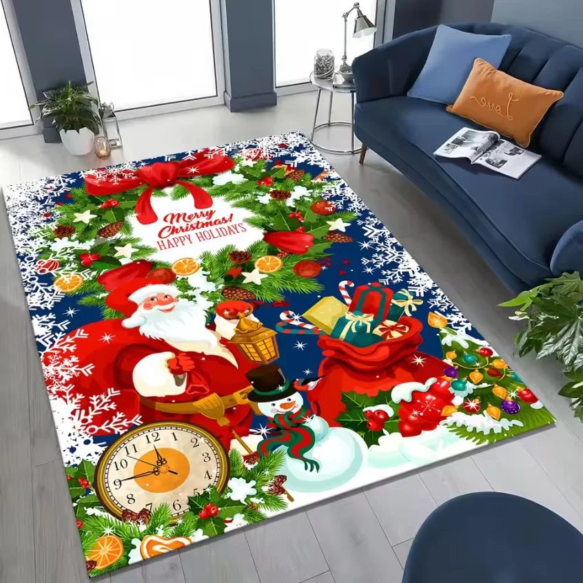 Frohes Neues Jahr, Frohe Weihnachten, Baum, Weihnachtsmann, Cartoon-Geschenkteppich für Schlafzimmer, Wohnzimmer, Sofa, Zuhause, Fußmatte, Dekor, rutschfester Teppich