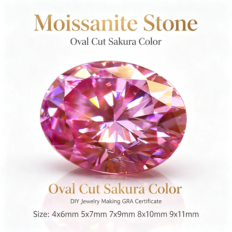 Moissanit-Stein im Ovalschliff, Sakura-Farbe, für DIY-Schmuckherstellung, Einlegematerialien mit Diamanttester und Zertifikat. – Detail 2
