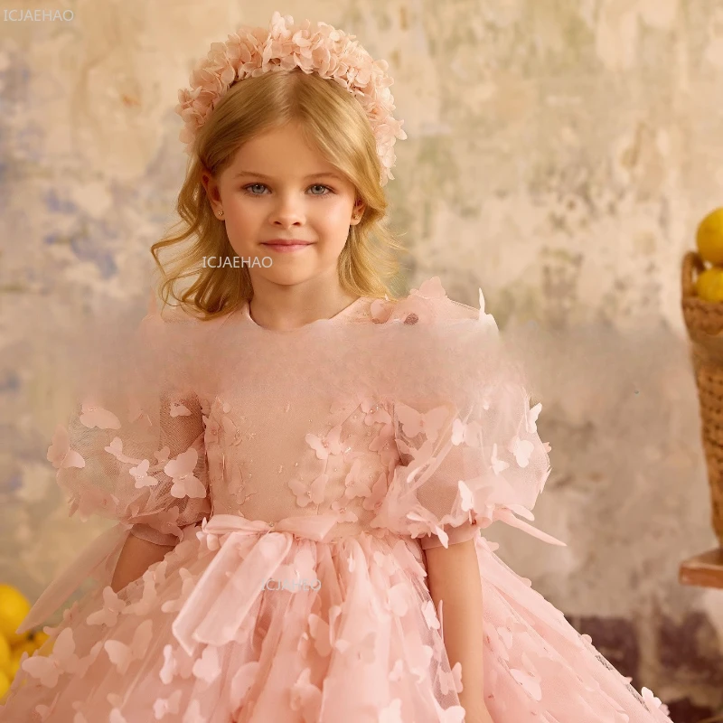 New Pink Girls Princess Party Dress Flower Girl Wedding Gown forBirthday Celebration Pageant Costume Host Piano Performance