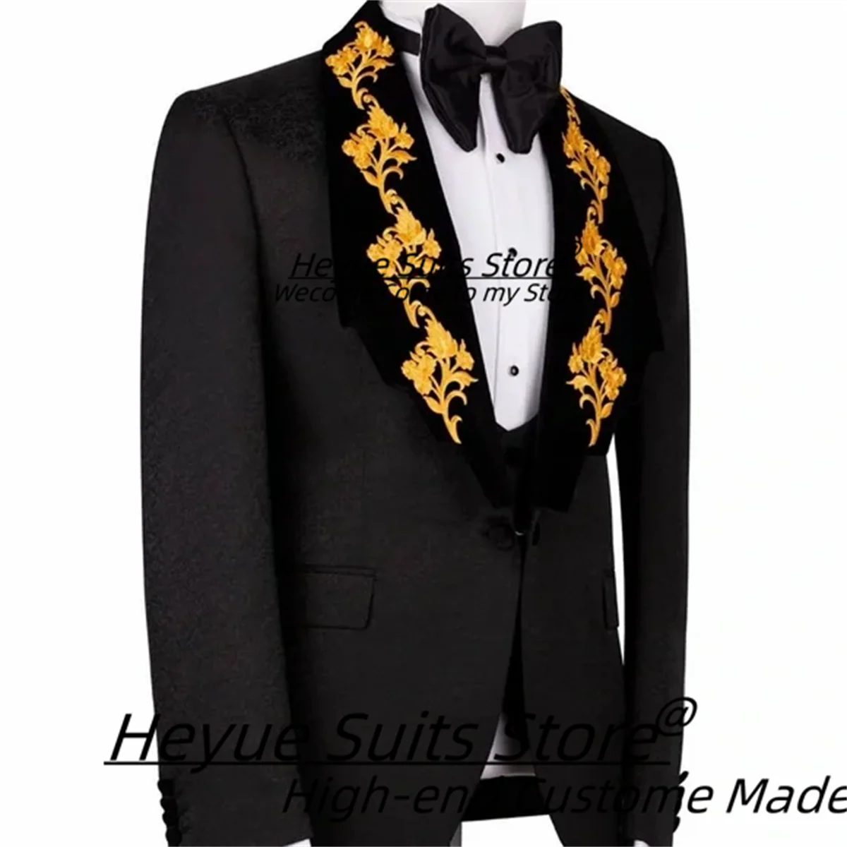 High-end Black Formal Groom Wedding Tuxedos Elegant embroidery Shawl Lapel Men Suits 3 Pieces Sets High-qublity Costume Homme