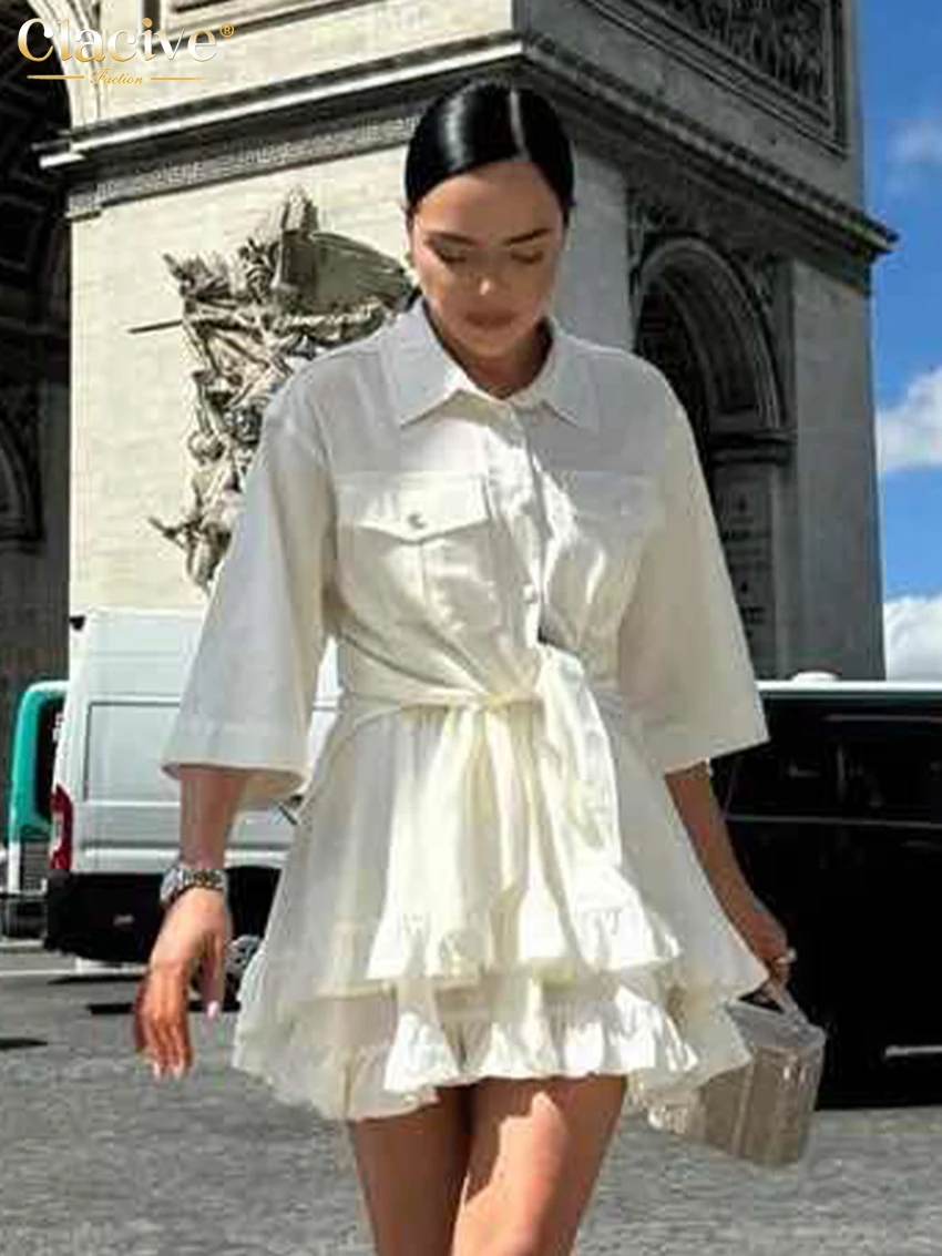 Clacive Fashion Loose White Skirt Sets For Women 2 Pieces Elegant Half Sleeve Shirts With High Waist Pleated Mini Skirts Set