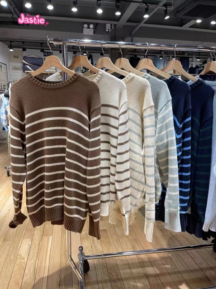 Vintage Striped Pullover Sweater Women Autumn Casual Oversize Drop Shoulder Sweater Femme Retro Streetwear Cotton Tops 2024