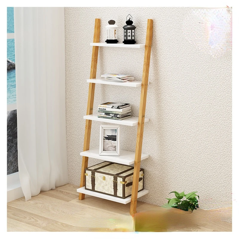 3/4 layers Nordic solid wood book shelves floor brief wood ladder stand wall shelf organizer housewares plates storage furniture