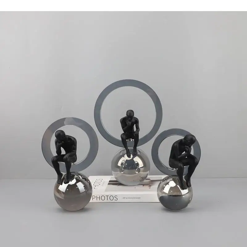 Crystal Ring Thinker Figures Sculpture Crafts Ball Base Ornaments Desk Decoration Abstract Character Statue Modern Decor