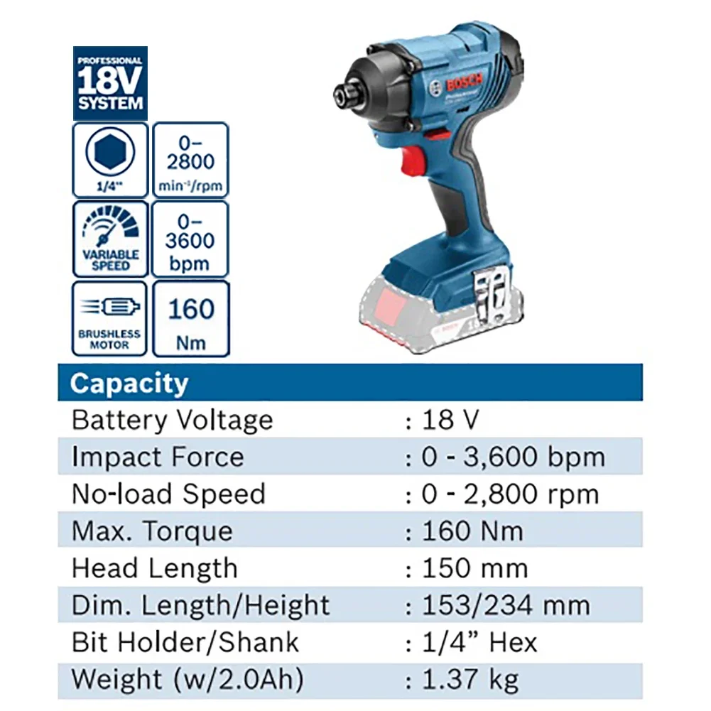 Bosch GDR180-LI 18V Impact Drill Household Rechargeable Electric Screwdriver Used for Metal Wood Drilling