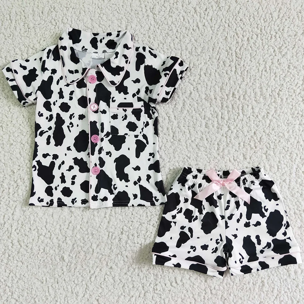 

Summer Short-Sleeved Pajamas Pink Bows Cow Print Baby Girls Nightwear