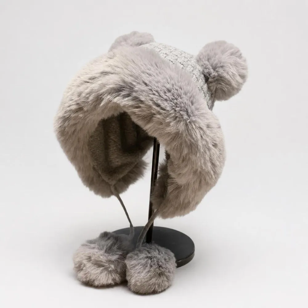 Fashion Lined Bear Ear Knit Hat Windproof Fluffy Trapper Hat Thermal Insulation 4 Pom Poms Winter Knit Cap Outdoor