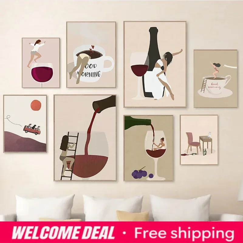 Red Wine Coffee Sandwich Girl Wall Art Poster Funny Abstract Canvas Print Minimalist Kitchen Home Decoration Painting Cuadros