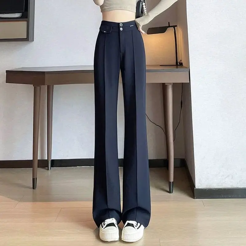 Navy Blue Light-flare Wide-leg Pants for Women in Autumn Fashion High Waist Drooping Slimming Straight-flare Trousers