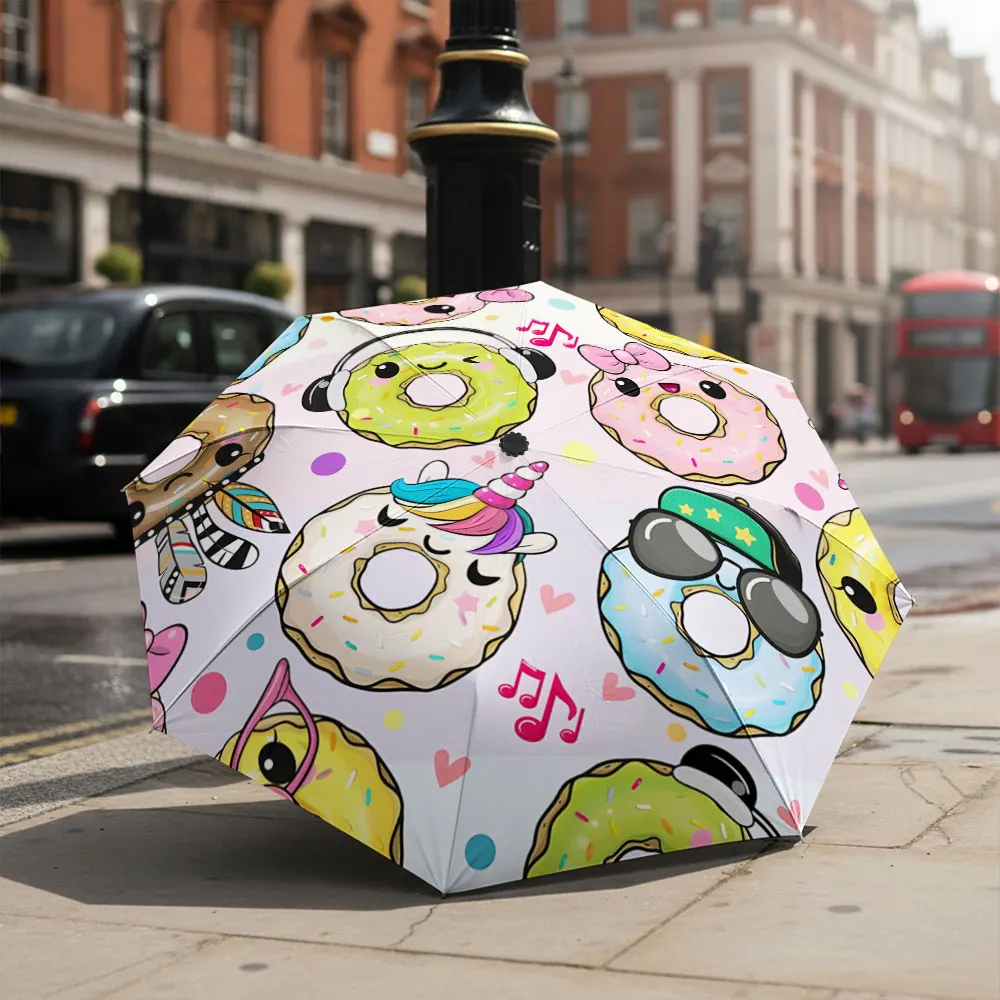 1P C Colorful Donut-Themed Umbrella in a Scenic Setting Print 8 Iron Ribs Folding Umbrella Auto-Open Fashion Sunshade