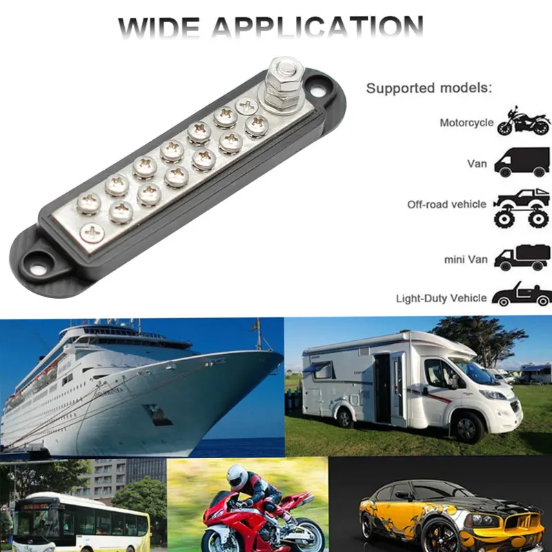 12V 250A 12 Terminal Power and Ground Distribution Block bus bar with Ring Terminals