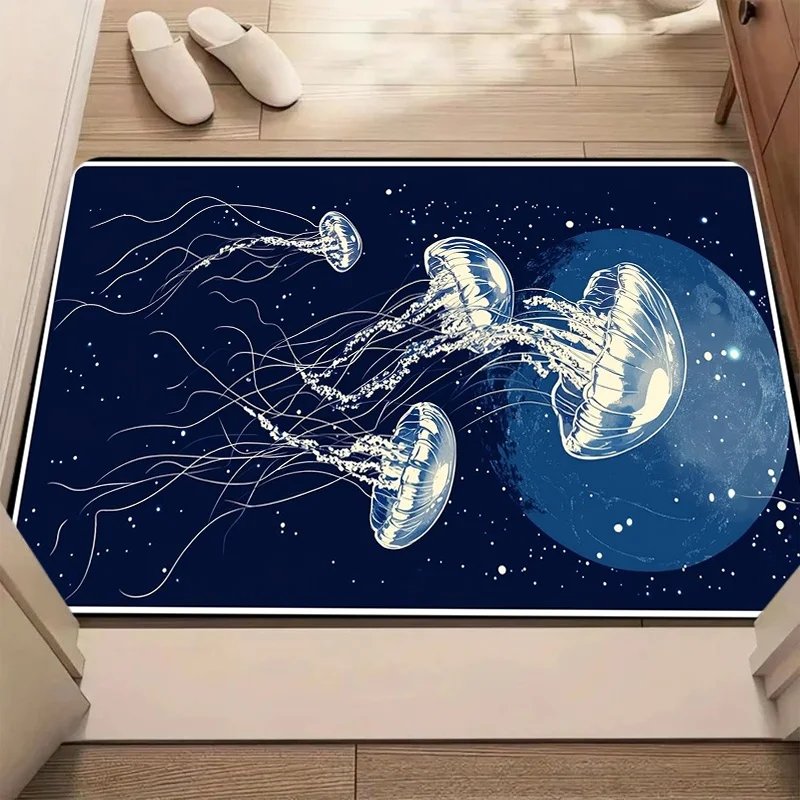 Dreamy Purple Blue Galaxy Glowing Jellyfish Doormat Anti Slip Entrance Floor Mat Ocean Space Aesthetic Front Door Hallway Rug