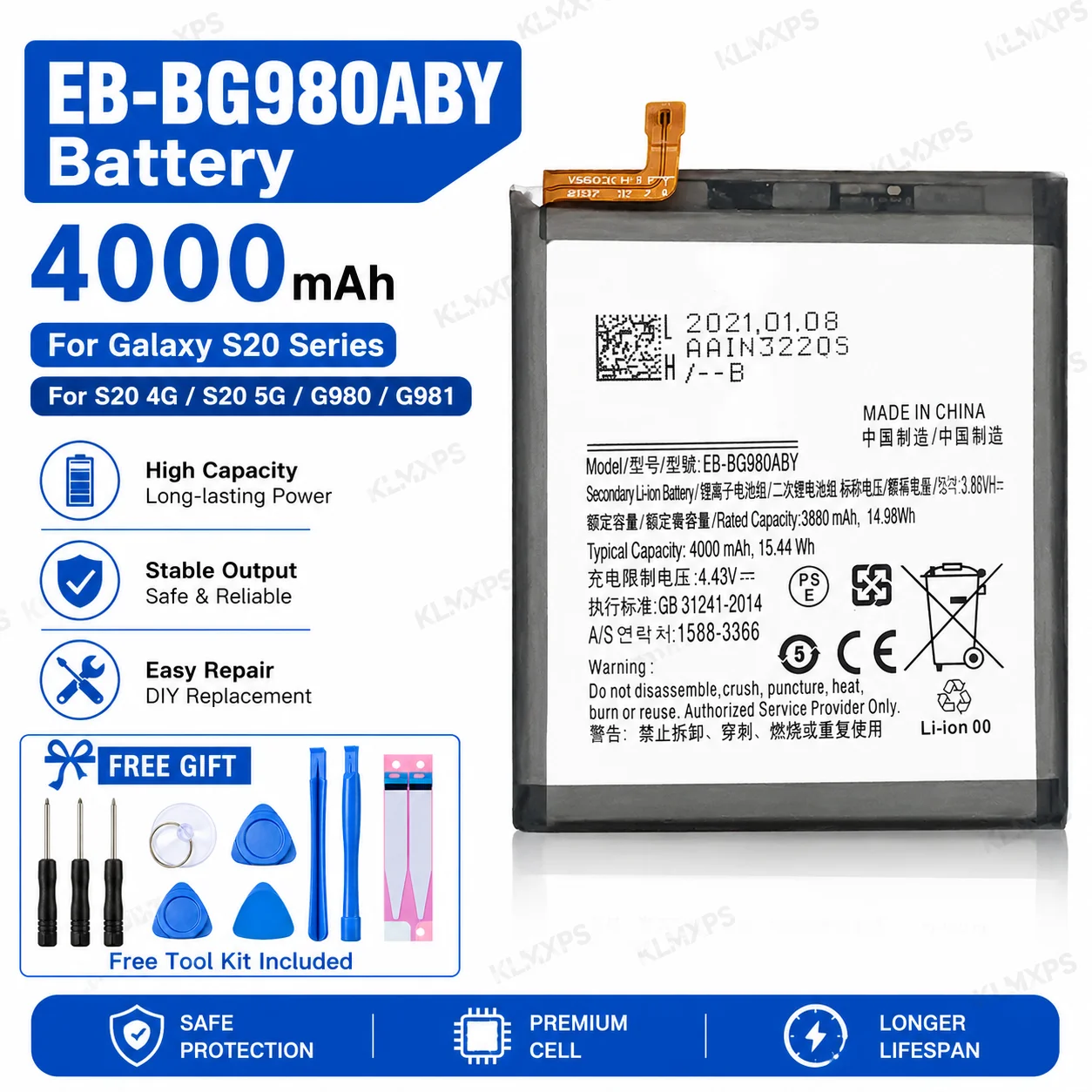 4000mAh EB-BG980ABY Phone Battery Replacement for Samsung Galaxy S20 4G 5G G980 G981 Rechargeable Li-Polymer  Tool Kit