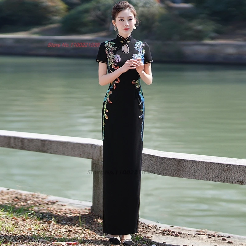

Китайское винтажное платье 2025 года, улучшенное традиционное платье Cheongsam с цветочными пайетками, вечернее ретро-ципао, банкетное народное платье, платье