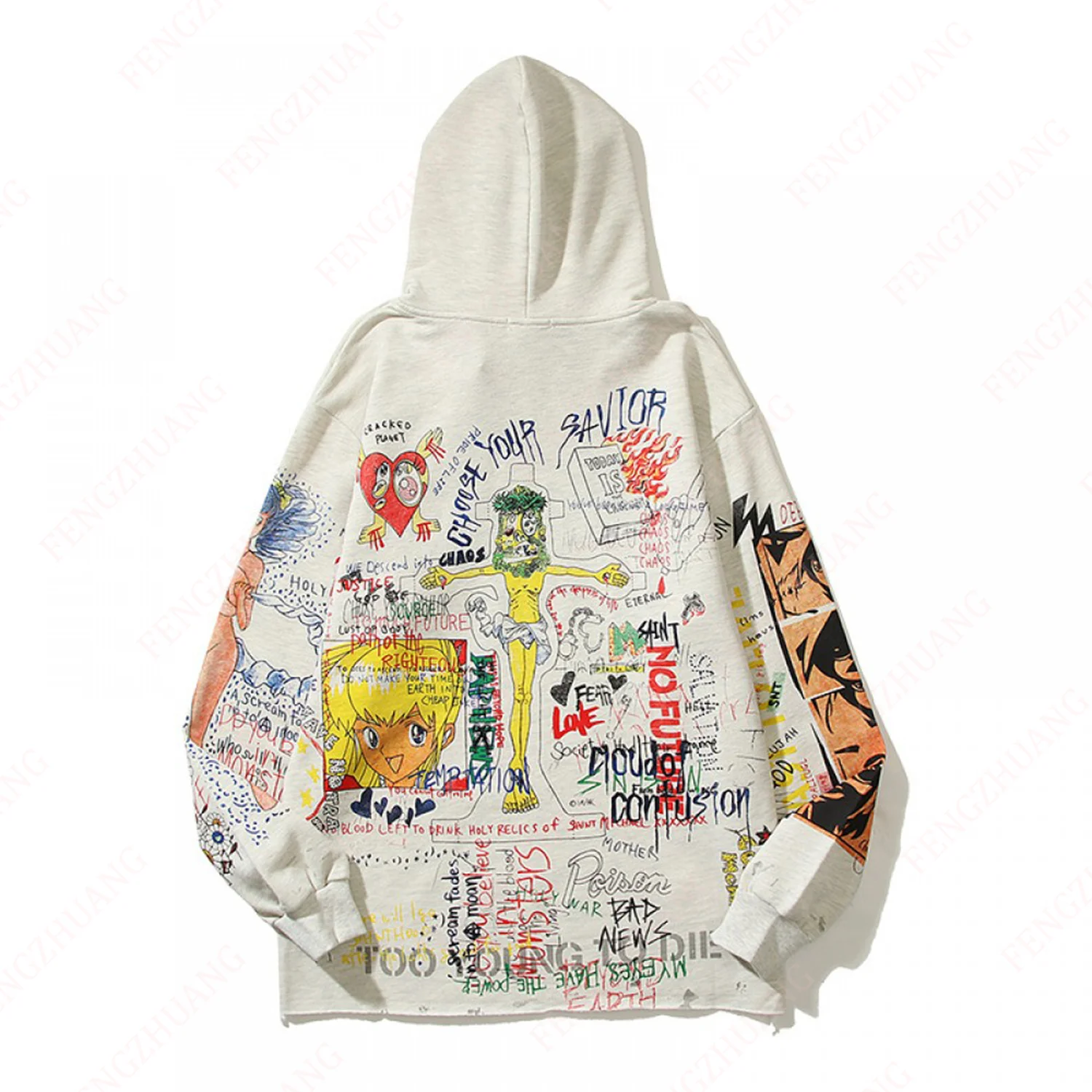 Unisex Saint Graffiti Streetwear Oversized Hoodie Loose Casual Harajuku Pullover Sportwear Streetwear