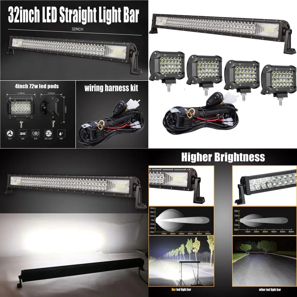 

32-дюймовая светодиодная балка 459 Вт + 4x72 Вт светодиодные модули с трехрядными линзами для сверхъярких фар, подходят для грузовиков, UTV, квадроциклов и