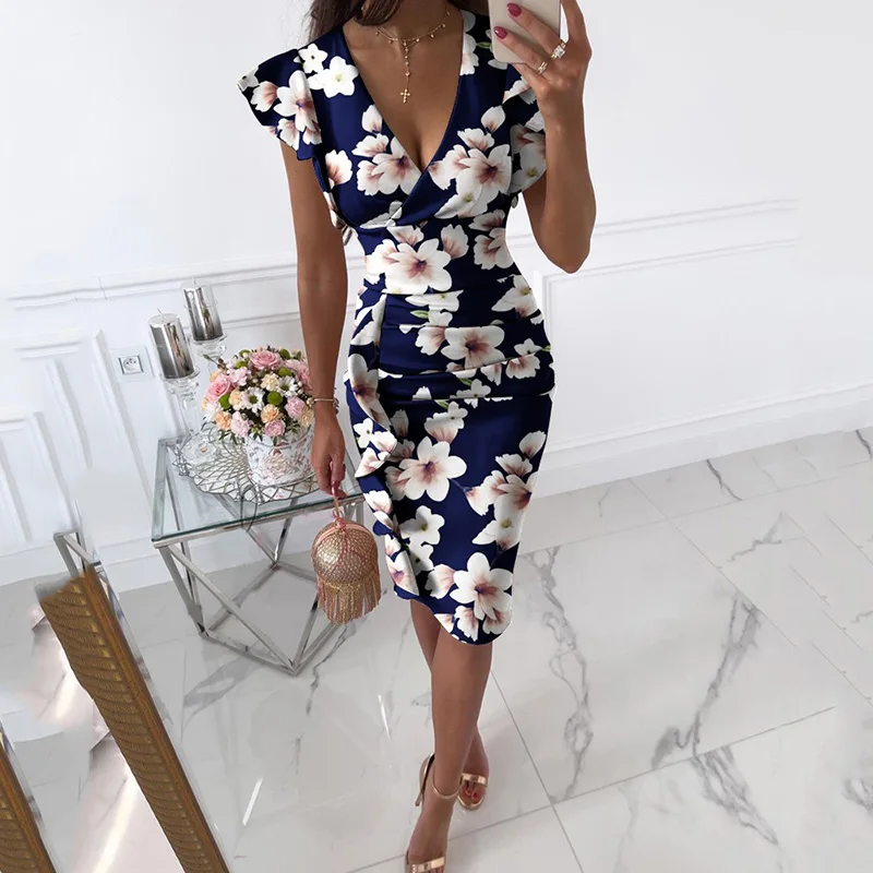 Abito da donna elegante con maniche a volant a vita alta con scollo a V increspato abito corto abito da sera Boho con stampa floreale estiva