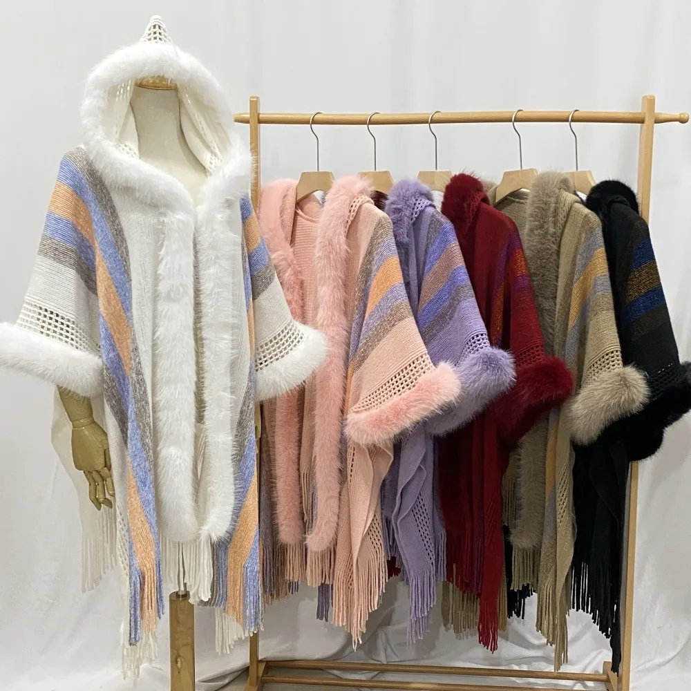 タッセル付きカシミヤフード付きケープ、エスニックスタイルのショール、暖かいオーバーレイコート、模造カシミア、ニットカーディガン、冬