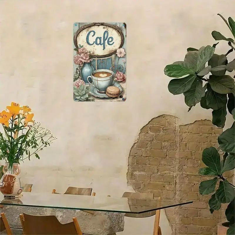 Vintage Shabby Chic Sign for Coffee - French Country Store Decoration with Turquoise Accents - And Pink Floral Wall Art - Rustic