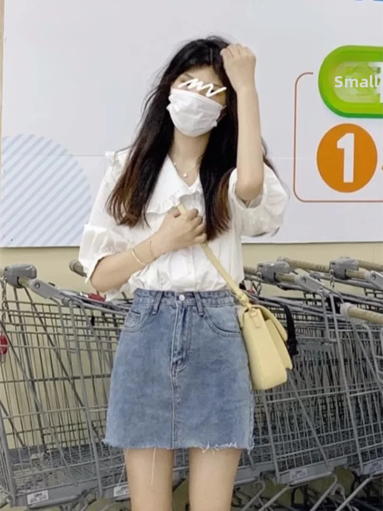 Blanc ort Sve col de poupée irt avec bois ain pour les femmes été Faionable coréen Sle coupe ample bouton détail