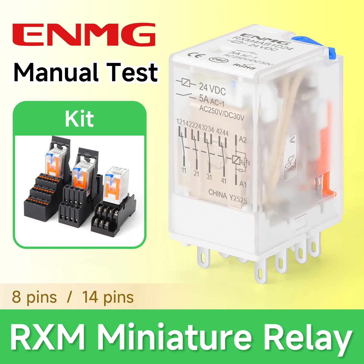 ENMG Small RXM2AB Middle Electromagnetic Relay 8 Leg 14 Leg 24VDC Two Open Two Close 220VAC AC DC LED Status Indicator Light AB.