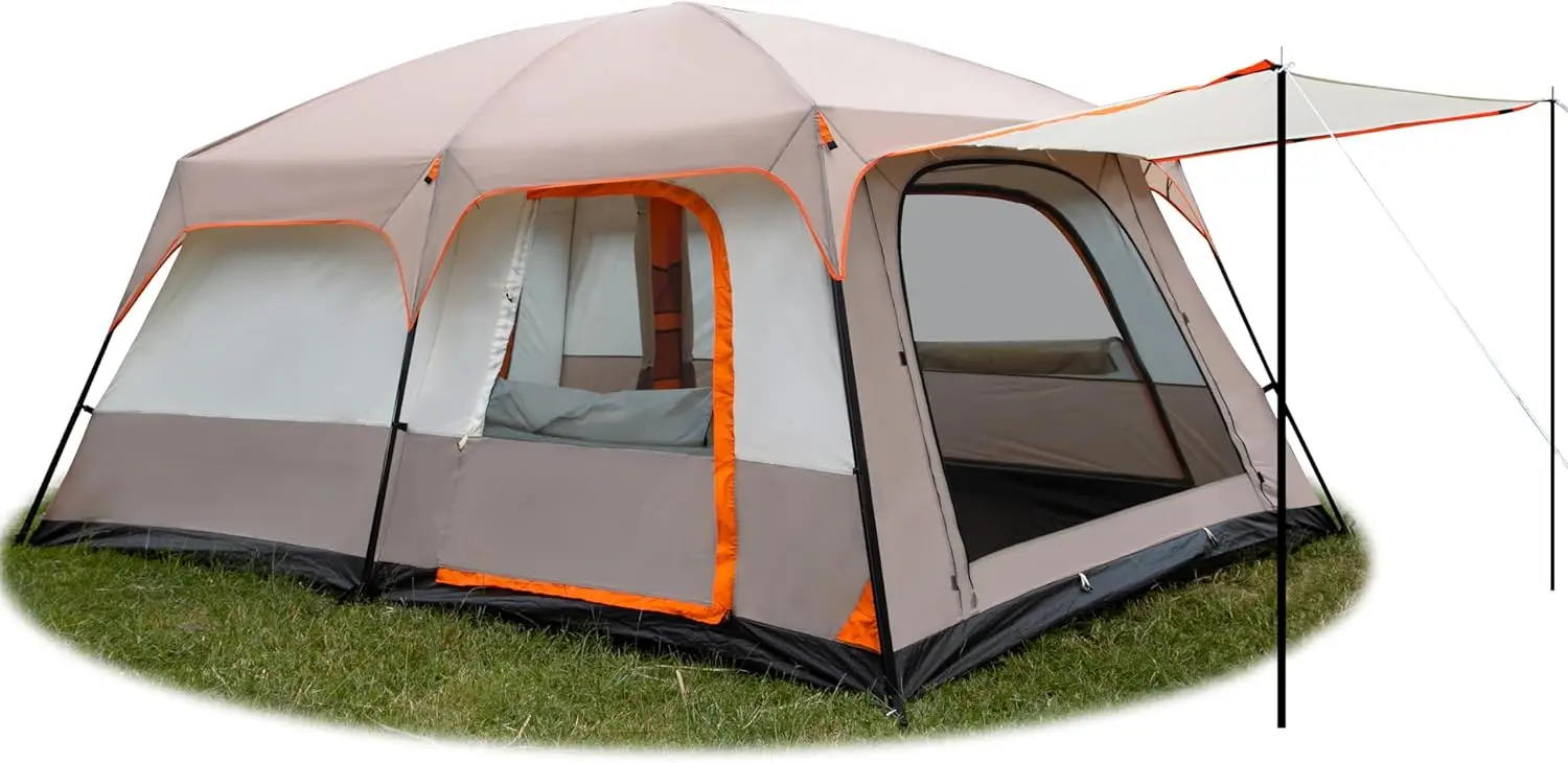 Extra Large Tent 6-10-12 Person(A),Family Cabin Tents,2 Rooms,3 Doors and 3 Windows with Mesh,Straight Wall,Waterproof,Double La