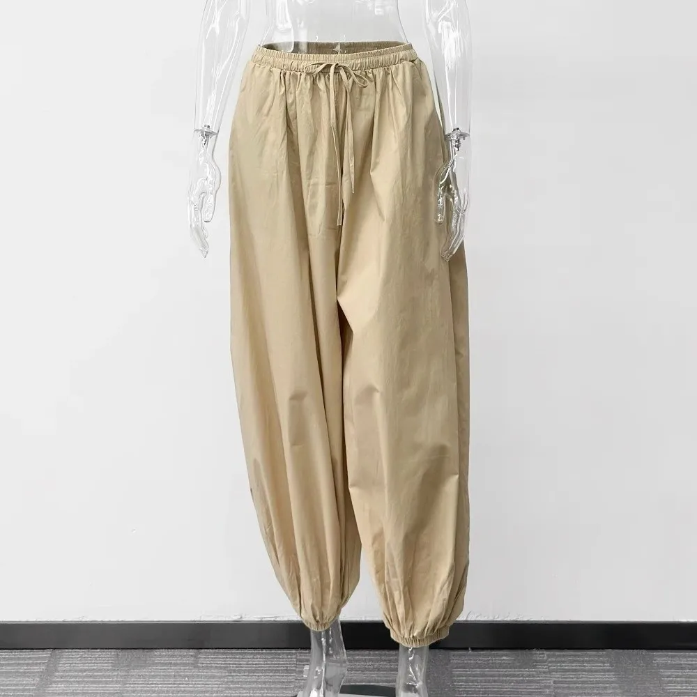 Fashion 100% Cotton Wide Leg Pants Pleated Design Lantern Style Bloomer Pants High Waist Solid Color Loose Pants Street Style