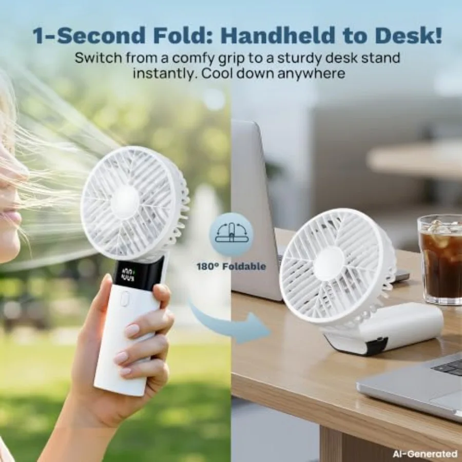 Handheld Fan Rechargeable, Portable Mini Fan, Up to 10H Runtime, 180° Foldable Personal Fan, USB Travel Fan with 3000mAh Batter