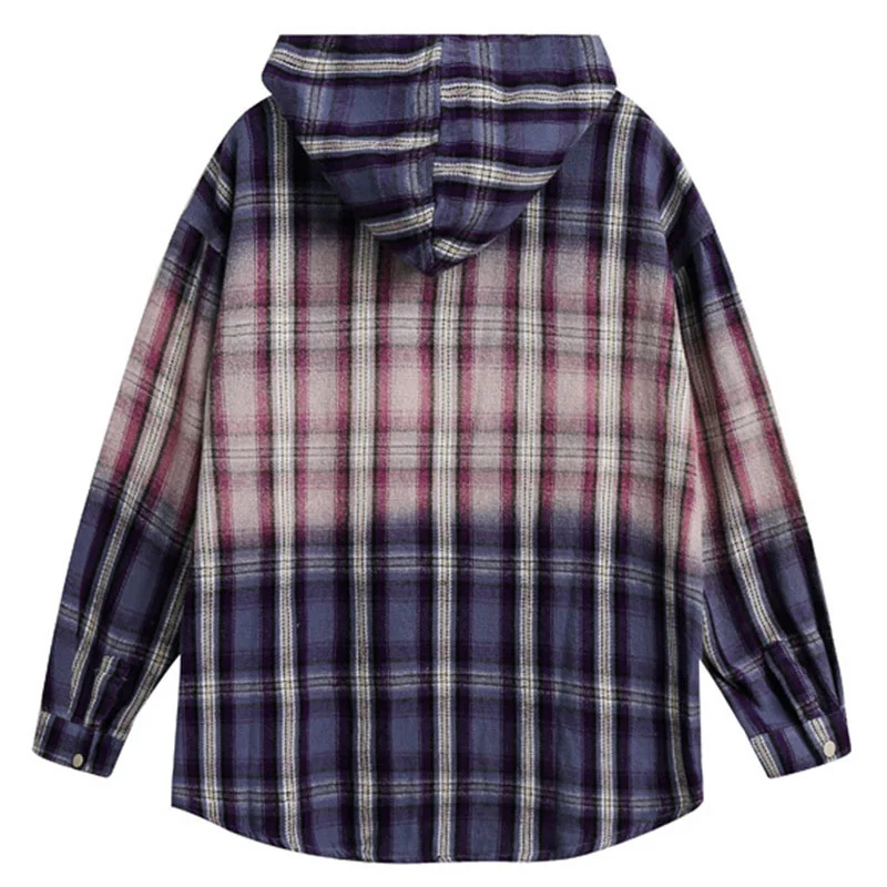 Vintage Oversized Loose Gradient Plaid Hooded Shirt Jacket Men and Women Casual Shirts Coat Top