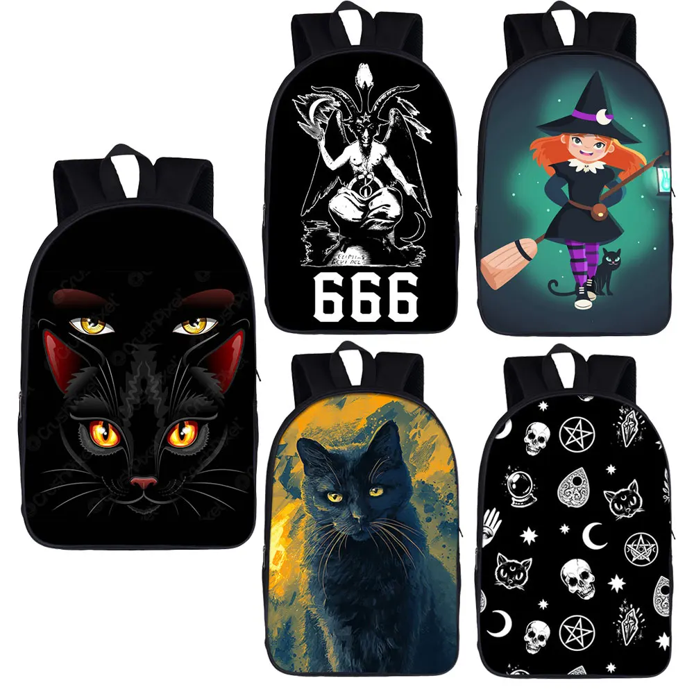 

Witch Black Cat Print / 666 Baphomet Backpack Men Women Witchcraft / Voodoo Doll Shoulder Bags Teenager Children School Bags