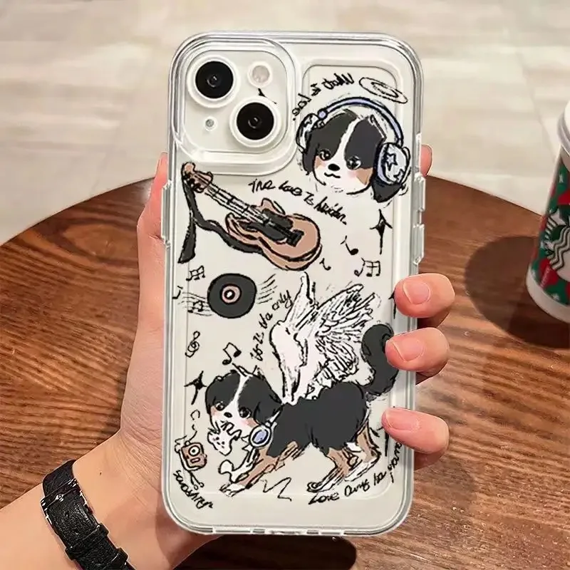 Funda de teléfono con dibujo de Ángel, oveja, perro, cachorro, guitarra, funda transparente para iPhone 15 Pro Max 13 12 11 14 Pro X XS XR 7 8 Plus