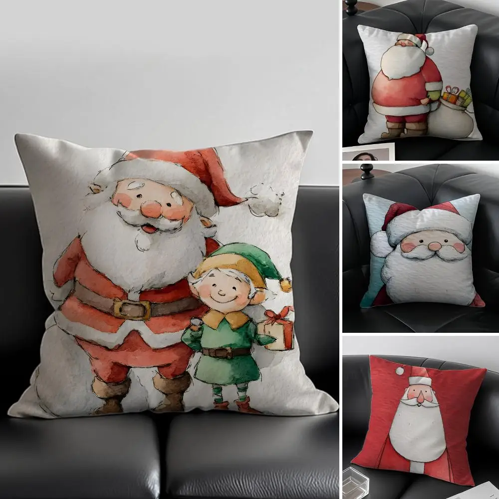 S-Santa Claus illustration Cushion Cover Pillow Case Anti-dustmite Invisible zipper silky plush cushion