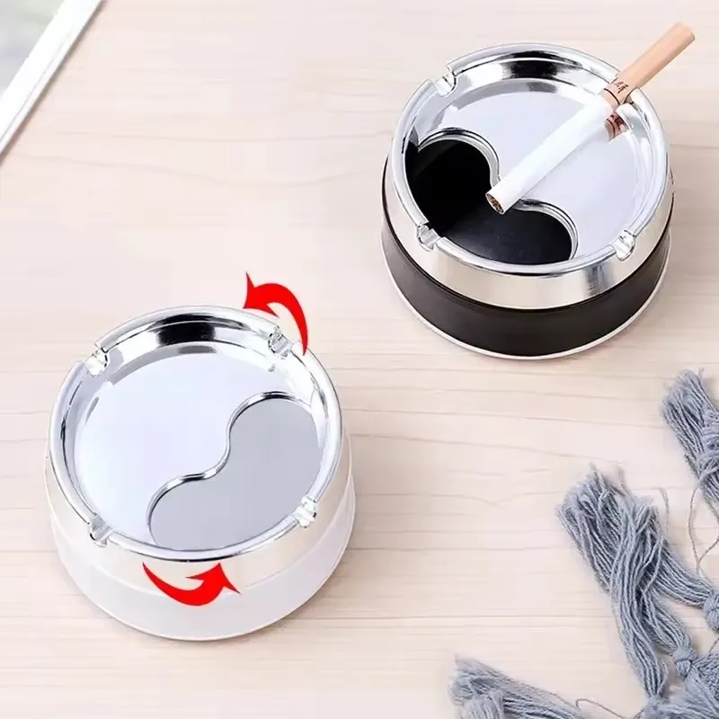 Stainless Steel Round Windproof Ashtray With Rotating Sealing Lid Groove Design Desktop Ash Holder Home Office