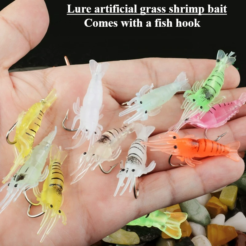

10PCS 3D Lure Simulation Grass Shrimp Luminous Hook Warped Mouth Perch Through Sea Fishing Freshwater Fake Bait Soft Bait Bionic