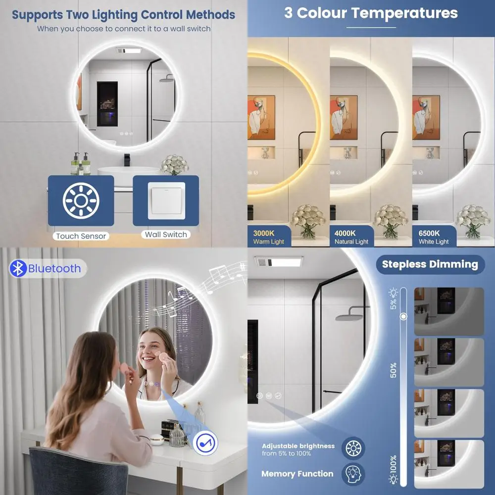 

Bluetooth Wall-Mounted Vanity Mirror, 28 LED, Dimmable 3-Color Lighting, Touch Control, Anti-Fog